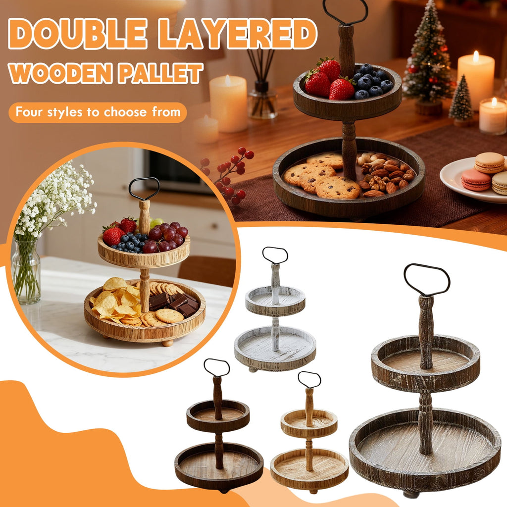 Double Tier Wooden Tray Stand, Rustic Decorative Serving & Display Tray, Seasonal Holiday Tiered Organizer For Home Kitchen Living Room Entryway