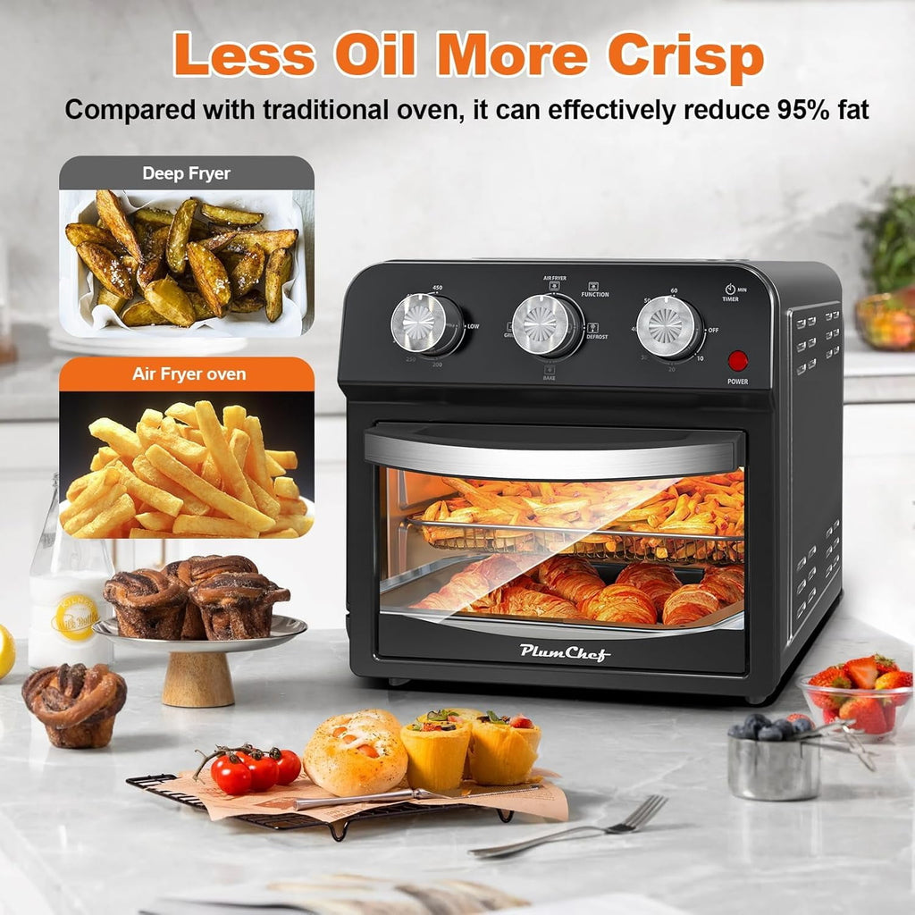 Plum Chef 13-Quart Air Fryer Toaster Oven Combo, Compact 5-in-1 Countertop Convection Oven with 2-Layer Cooking, 1300W Oil-Less Healthy Cooker, Classic Black