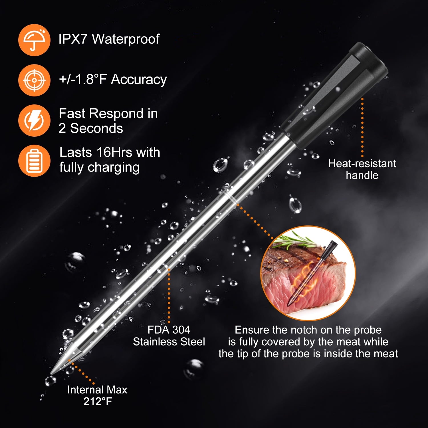 INSMART Wireless Smart Meat Thermometer,330FT Bluetooth Range,100% Waterproof,Precision Cooking Grilling,Multi Sensors,for BBQ,Oven,Grill,Kitchen,Smoker, Rotisserie Turkey Beef/iOS & Android App