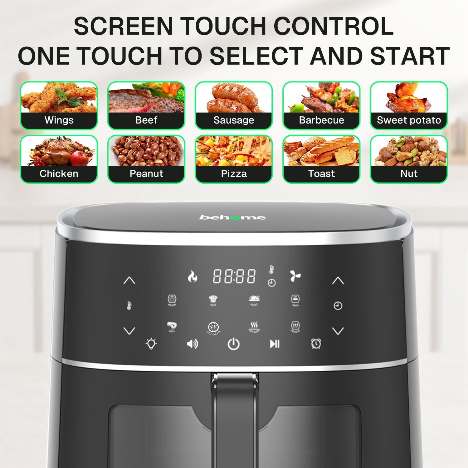 Behome 6QT Air Fryer, 8-in-1 Compact Airfryer for Roast, Broil, Dehydrate,Quick& Easy Meals,Visible Window,Black