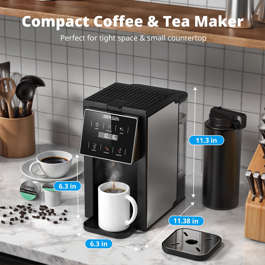 AIRMSEN 3 in 1 Single Serve Coffee Maker with Grinder, K Cup Coffee Machine Compatible with Grounds and Beans, Instant Coffee Pot with 6 Grind Levels & 6-14oz Cup Sizes, BPA-Free