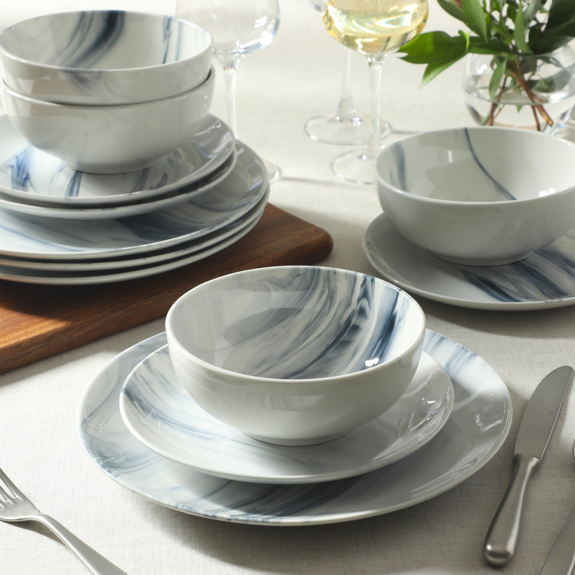 Gibson Home Cloudlight 12 Piece Plates and Bowls Dishes Brown and White - Decorated Porcelain Ceramic Dinnerware Set - Service for 4