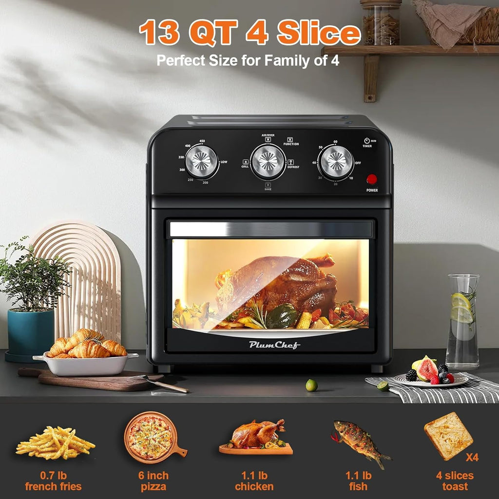 Plum Chef 13-Quart Air Fryer Toaster Oven Combo, Compact 5-in-1 Countertop Convection Oven with 2-Layer Cooking, 1300W Oil-Less Healthy Cooker, Classic Black