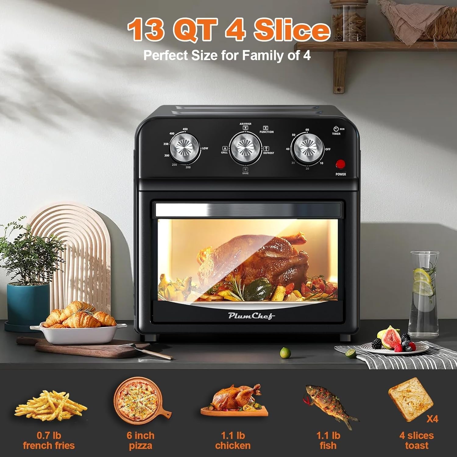 Plum Chef 13-Quart Air Fryer Toaster Oven Combo, Compact 5-in-1 Countertop Convection Oven with 2-Layer Cooking, 1300W Oil-Less Healthy Cooker, Classic Black