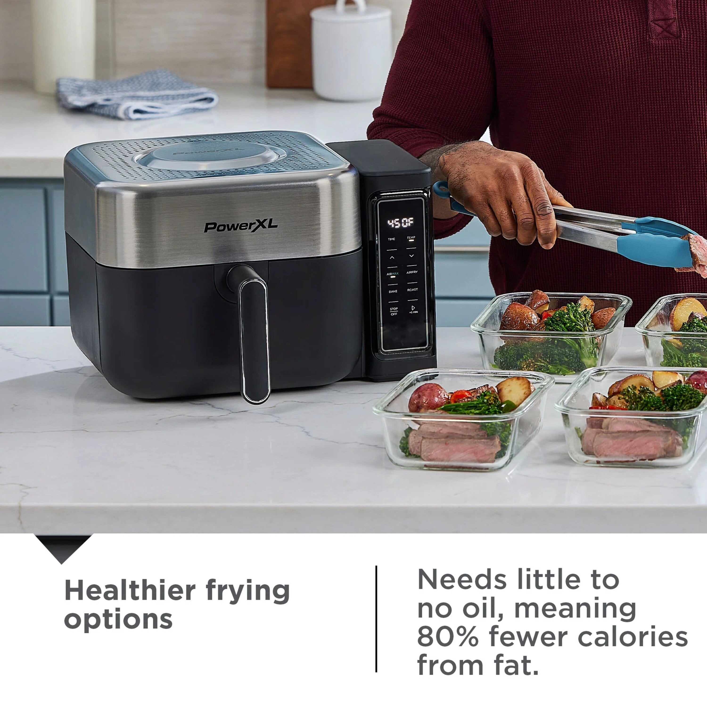 PowerXL 6.3 Quart AirMax Air Fryer Oven with Four Presets and Compact Two-Tier Design, 450F Maximum Temperature, No Preheat Needed