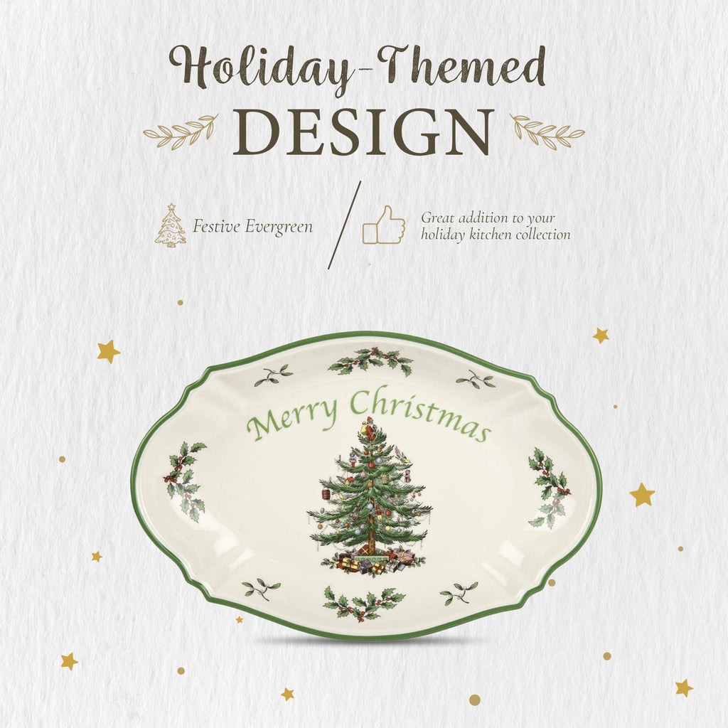 Spode Christmas Tree Oval Festive Tray - 11-Inch Rectangular Earthenware Serving Tray, Holiday Tableware - Seasonal Trays for Entertainment - Dishwasher, Microwave, Oven Safe