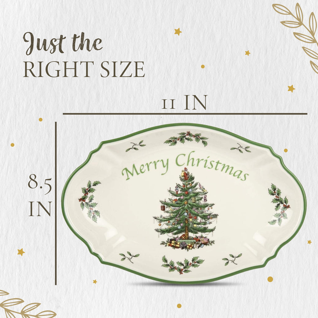 Spode Christmas Tree Oval Festive Tray - 11-Inch Rectangular Earthenware Serving Tray, Holiday Tableware - Seasonal Trays for Entertainment - Dishwasher, Microwave, Oven Safe