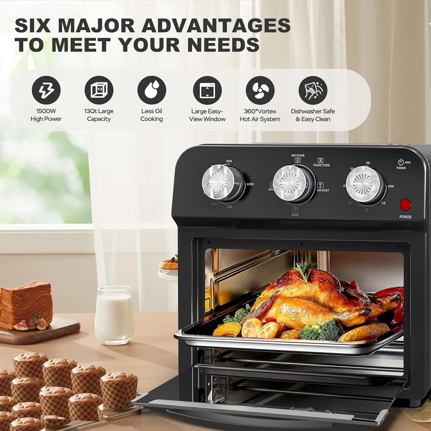 Plum Chef 13-Quart Air Fryer Toaster Oven Combo, Compact 5-in-1 Countertop Convection Oven with 2-Layer Cooking, 1300W Oil-Less Healthy Cooker, Classic Black