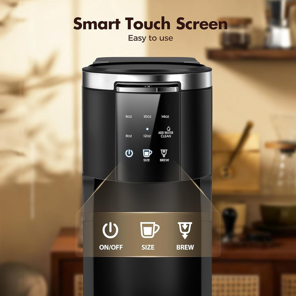 FREE VILLAGE Single Serve Coffee Maker,2 in 1 Pod Coffee Maker Machine for K-Cup & Ground,6 to 14oz Brew Sizes,40oz Removable Water Reservoir,LCD Screen,Self-cleaning,Black