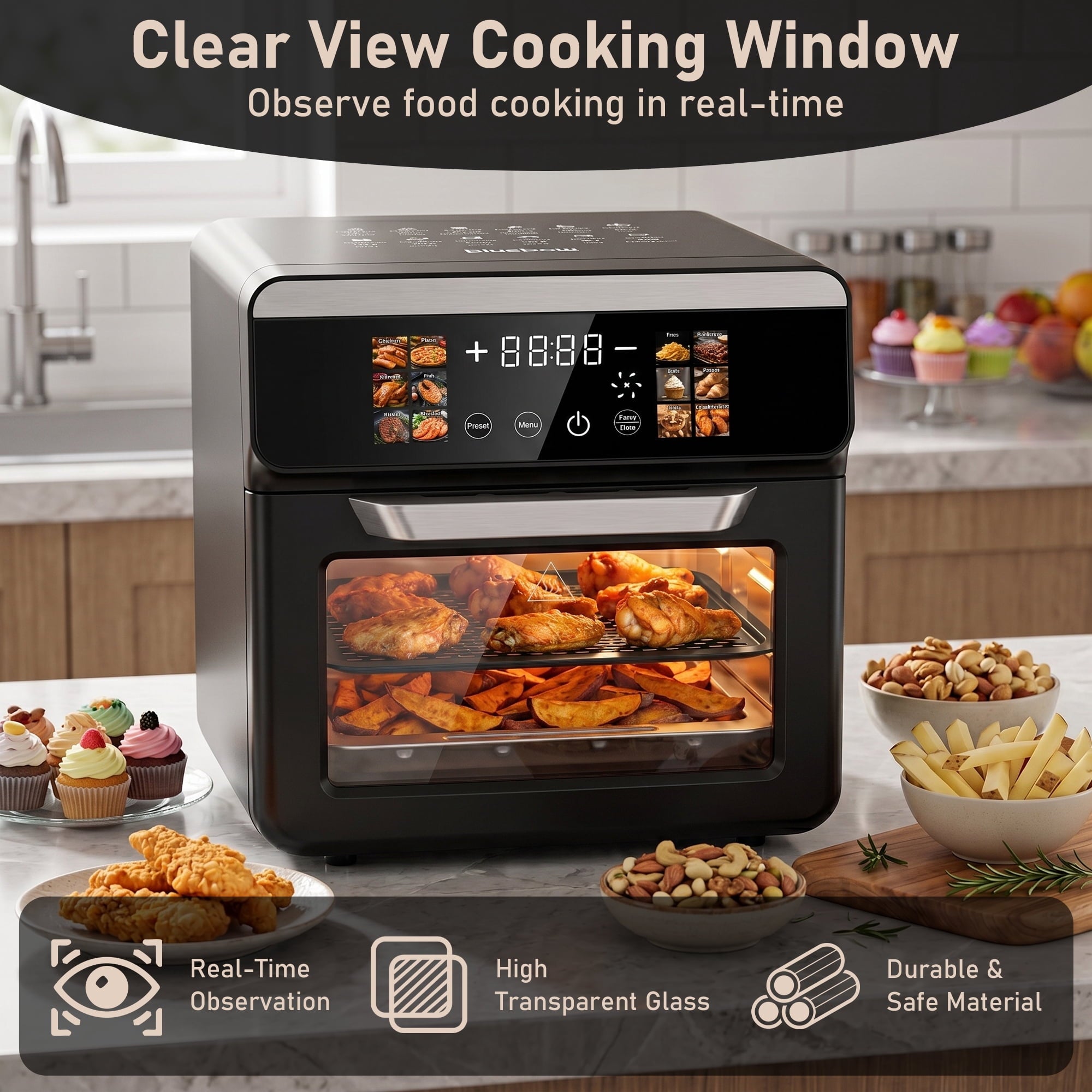 Bluebow 12QT Air Fryer Toaster Oven, 12-in-1 Multi-functional Color Touchscreen with Easy-view Windows, Less Oil Healthy Cooking for Home Kitchen Use