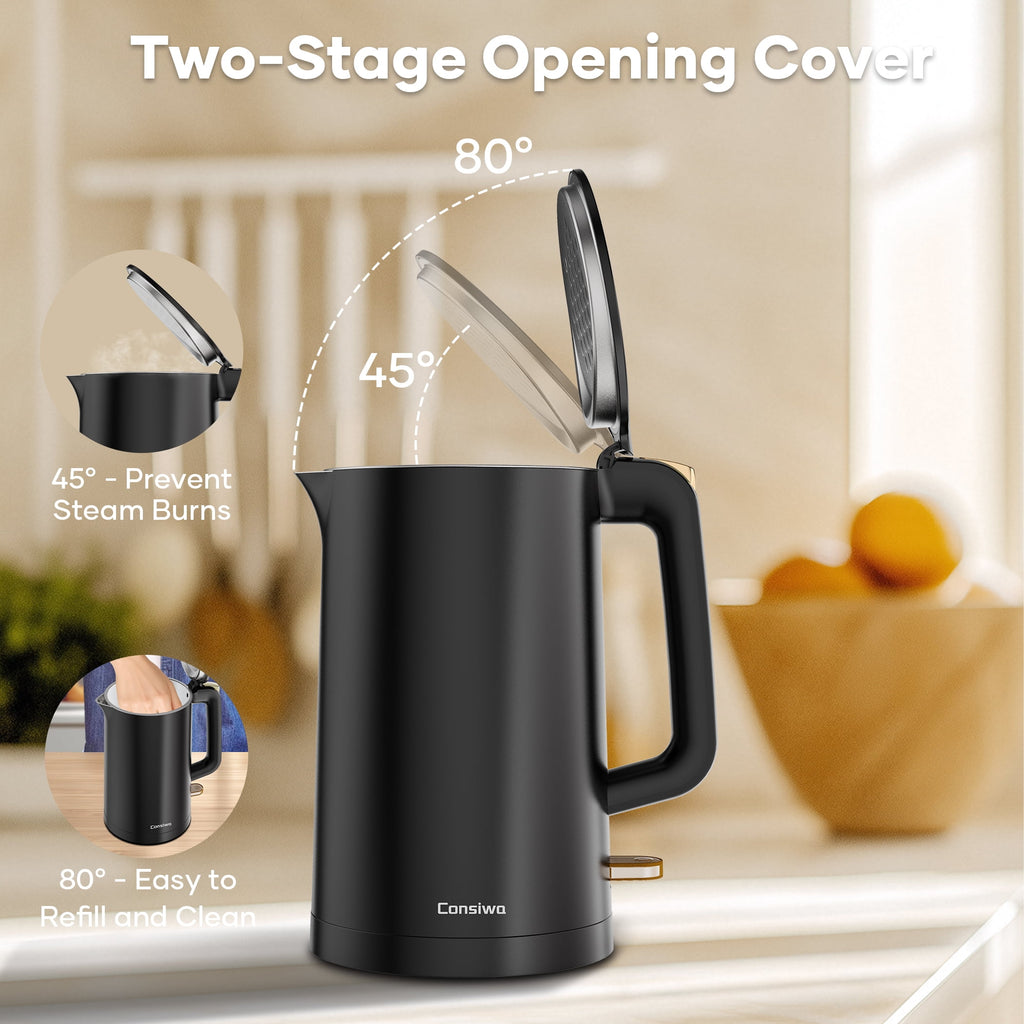 Consiwa Electric Kettle, Double Wall 1.7L Stainless Steel Cool Touch, Water Boiler & Heater, 1500W Hot Tea Pot, Black