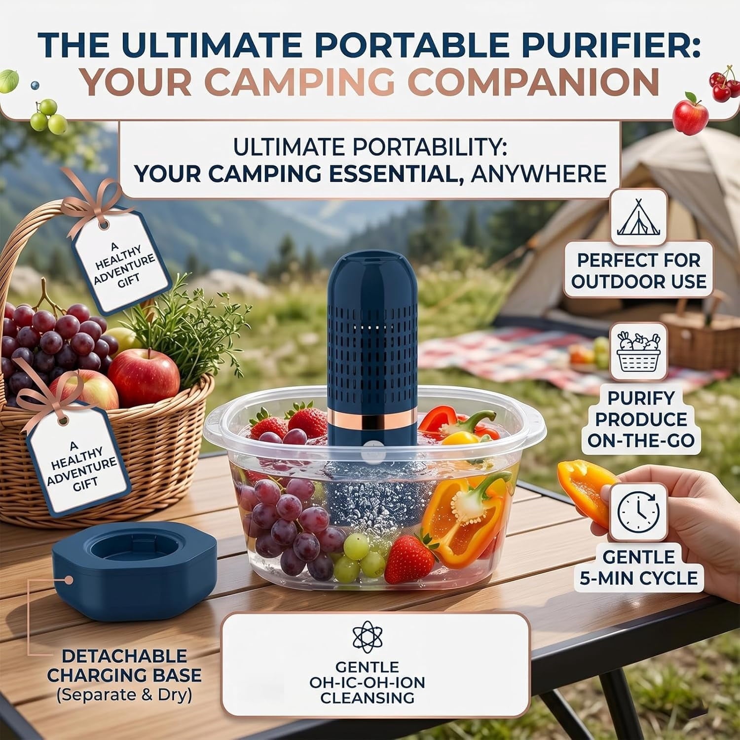 Pure pod Produce Cleaner - Portable Fruit and Vegetable Washing Machine, IPX7 Waterproof Cordless Device for Berries&Meat,OH-ion Food Purifier for Deep Cleaning ,Stainless steel electrode