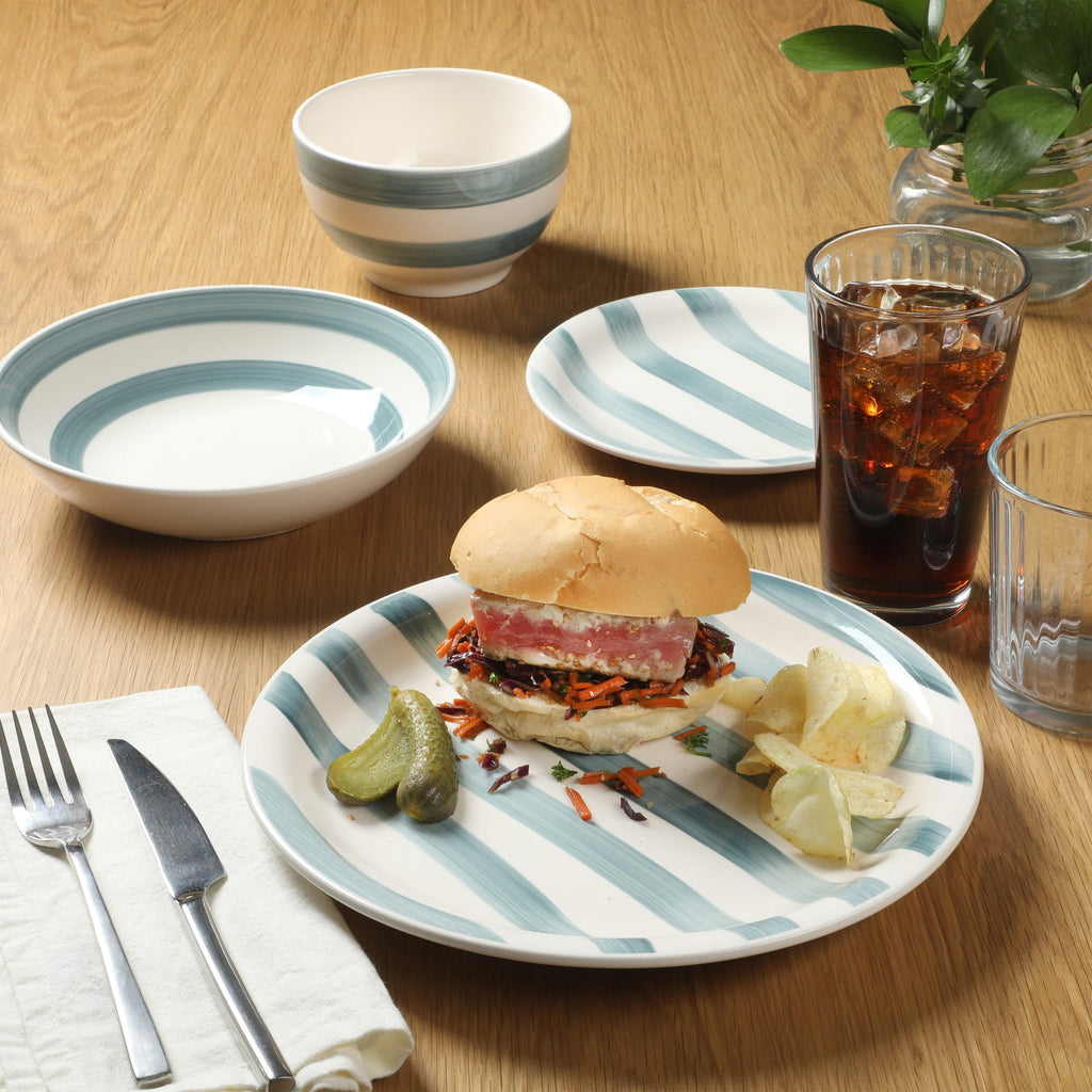 Gibson Home Kenwood Shores 16 Piece Stoneware Dinnerware Set, Hand-Painted Plates and Bowls, Service for 4 - Blue Striped