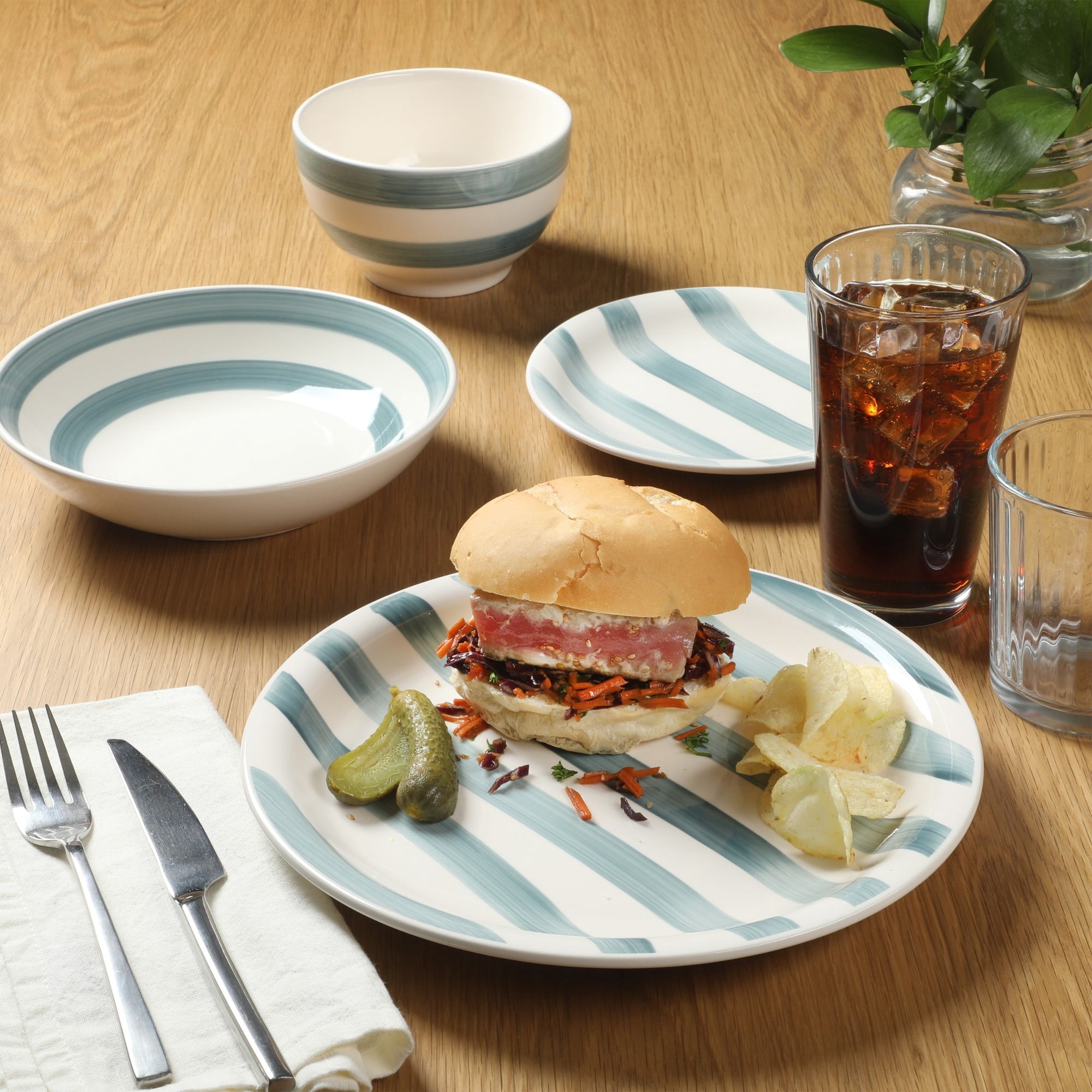 Gibson Home Kenwood Shores 16 Piece Stoneware Dinnerware Set, Hand-Painted Plates and Bowls, Service for 4 - Blue Striped