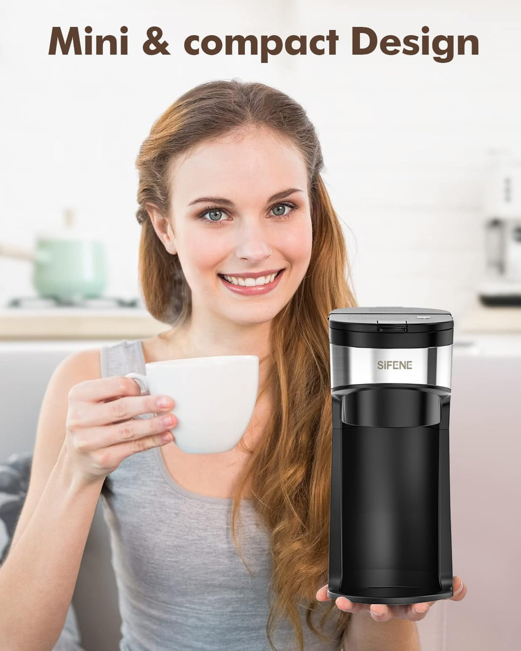 SIFENE 2-in-1 Single Serve Coffee Maker, Compatible with K-Pods & Grounds, Fast Brew, Compact Design, 6-12oz