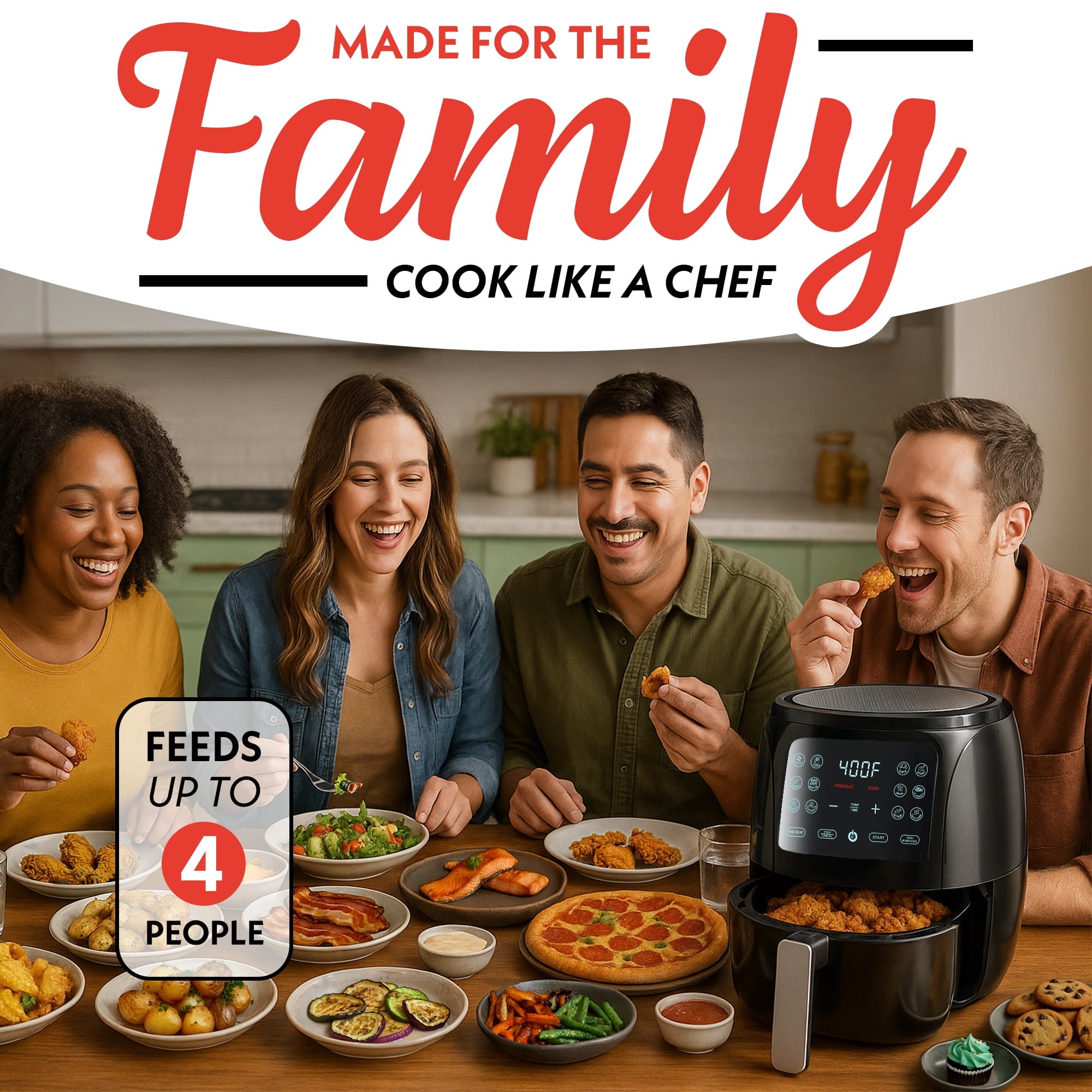 Gourmia 4 Qt Air Fryer, 12 Presets, Digital Display, FryForce 360°, Compact, Black