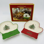 Spode Christmas Tree Mitten Dishes (Set of 2) - Red & Green Serving Platters for Cookies, Desserts, Appetizers, 7" Fine Earthenware Plates, Dishwasher Safe Holiday Tableware for Seasonal Gatherings
