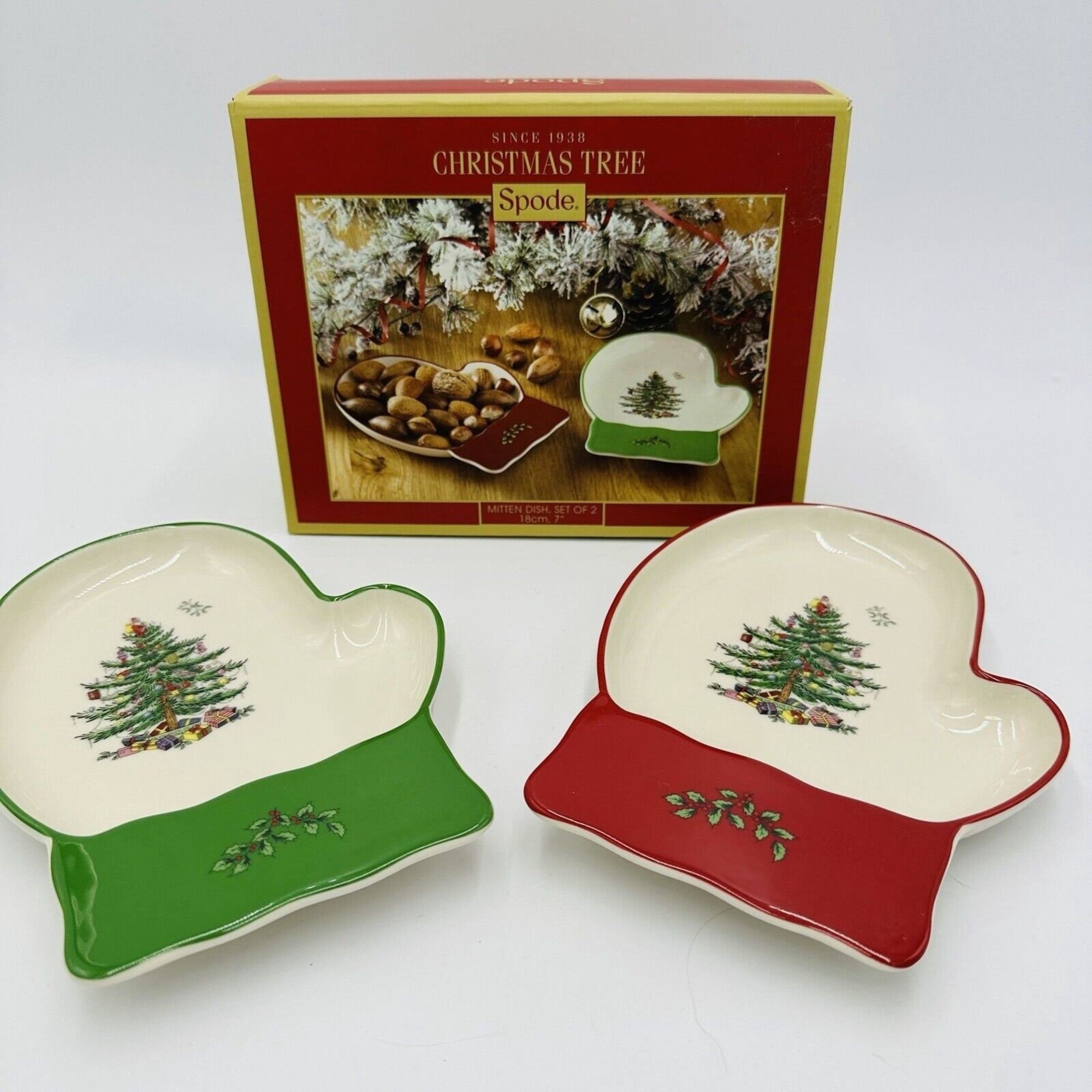 Spode Christmas Tree Mitten Dishes (Set of 2) - Red & Green Serving Platters for Cookies, Desserts, Appetizers, 7" Fine Earthenware Plates, Dishwasher Safe Holiday Tableware for Seasonal Gatherings