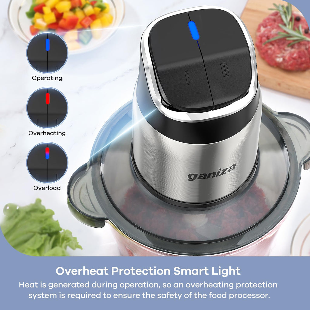 Ganiza Food Processor, 2-Speed Food Chopper Meat Grinder with 2 Bowls, Upgraded Button & Smart Overheat Protection Light - Clean Brush, 2 Blades