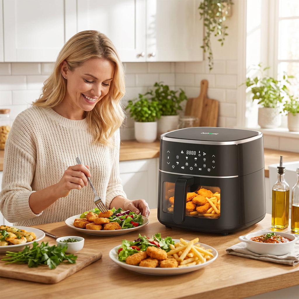 Behome 6QT Air Fryer, 8-in-1 Compact Airfryer for Roast, Broil, Dehydrate,Quick& Easy Meals,Visible Window,Black