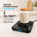 Sourdough Starter Warmer Mat - 24H Timer - Precise 1°F Thermostat Control (70-100°F) - Smart Memory Warming On/Off - Fits Jars Up to 40oz - Perfect for Home Baking (Black)