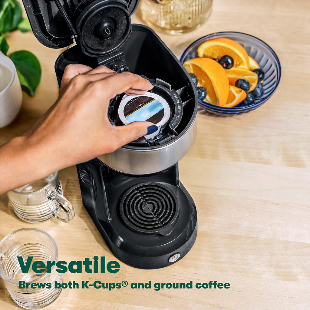 Compact Single Serve Coffee Maker - Brews and Ground Coffee, 6-14oz Reservoir, Space-Saving Design for Home or Office - Perfect for Small Kitchens