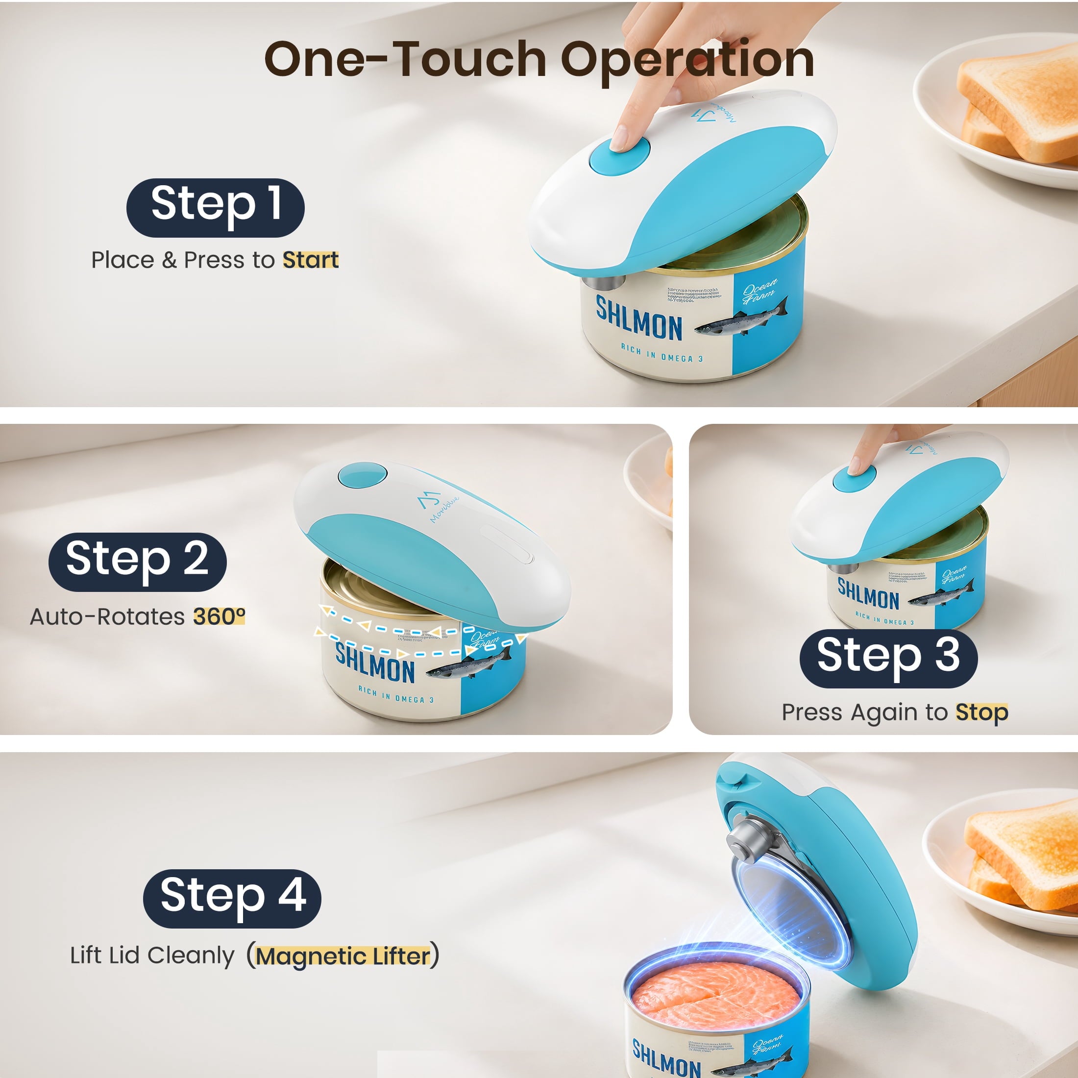 Moreblue One-Touch Automatic Electric Can Opener, USB-C Rechargeable Can Opener Smooth Edge, Hands-Free Countertop Electric Can Opener for Seniors, Arthritis, Weak Hands, Kitchen Gadget Gift（Blue)