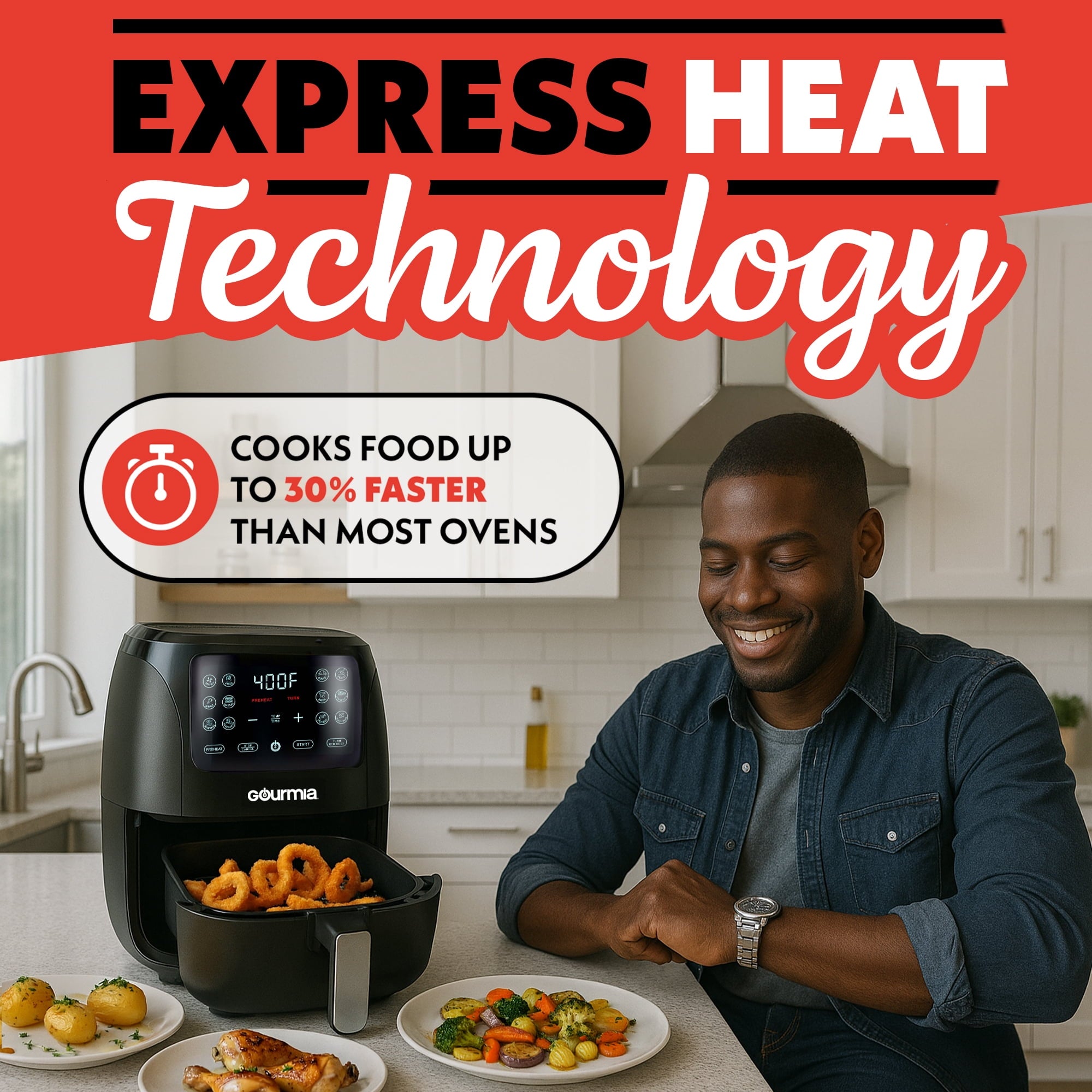Gourmia 4 Qt Air Fryer, 12 Presets, Digital Display, FryForce 360°, Compact, Black