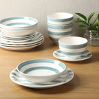 Gibson Home Kenwood Shores 16 Piece Stoneware Dinnerware Set, Hand-Painted Plates and Bowls, Service for 4 - Blue Striped