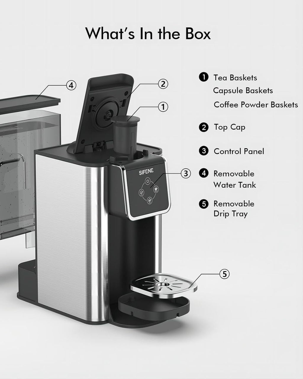 SIFENE 3-in-1 Single Serve Coffee Maker, Compatible with K Cup Capsules & Grounds, Tea Maker, 6-10 Oz Brew Sizes, 50 Oz Removable Reservoir, Fast Brew, Compact Design, 120V 1150W, Black