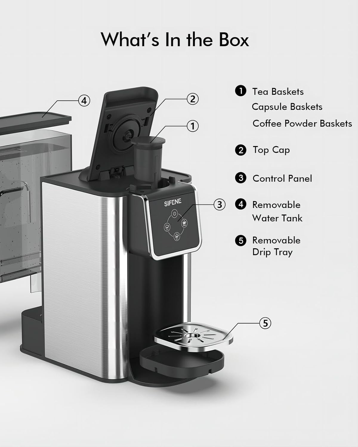 SIFENE 3-in-1 Single Serve Coffee Maker, Compatible with K Cup Capsules & Grounds, Tea Maker, 6-10 Oz Brew Sizes, 50 Oz Removable Reservoir, Fast Brew, Compact Design, 120V 1150W, Black