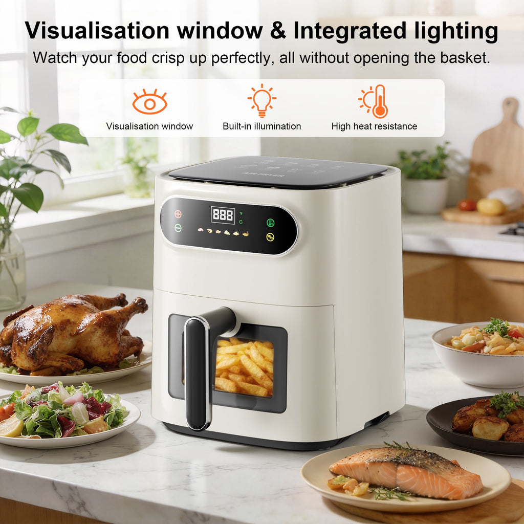 Hicloud 7.5QT Air Fryer, 1600W Multifunction Airfryer with Visible Window, Adjustable Time＆Temperature, Nonstick, 85% Less Oil, 100Pcs Liner