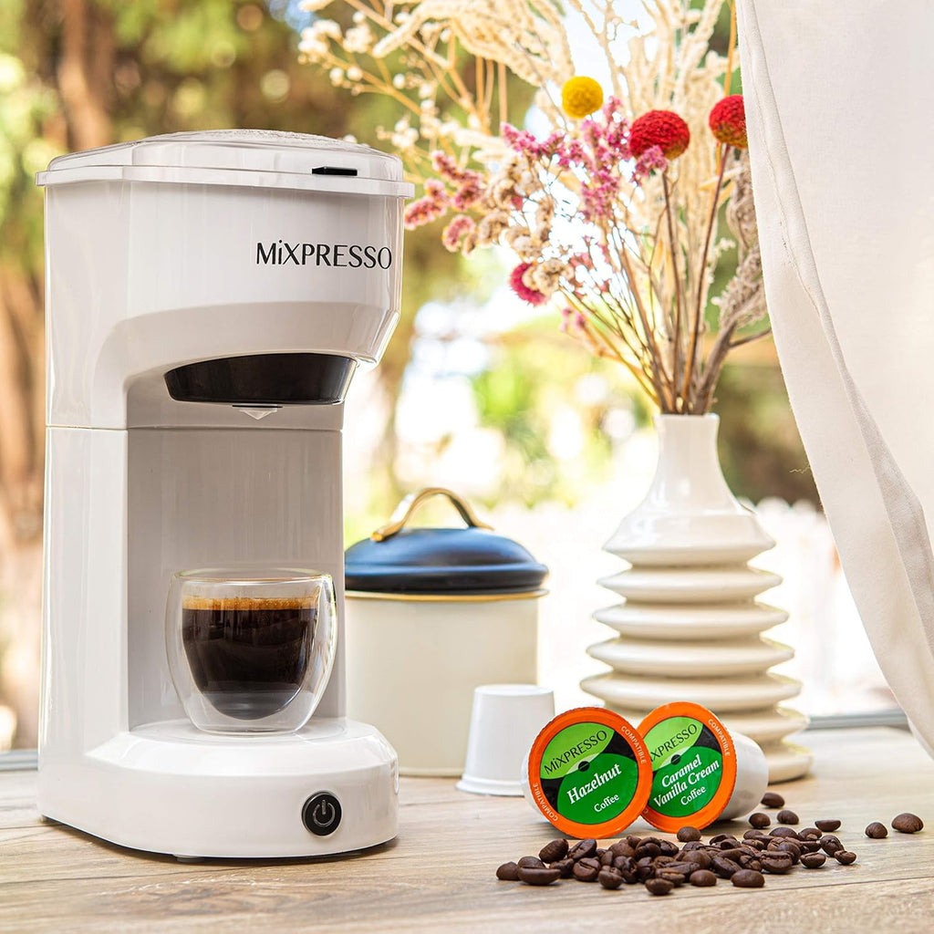 Mixpresso Single Serve Coffee Brewer, K Cup Compatible & Ground Coffee, White