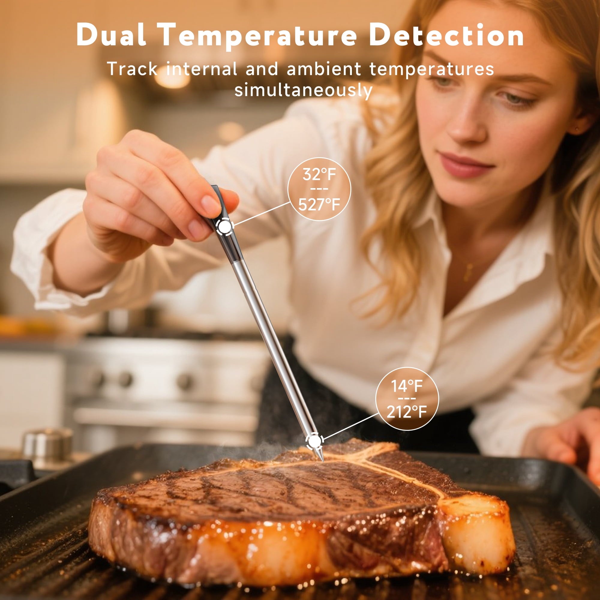 Smart Wireless Meat Thermometer with 500FT Bluetooth Range, App Remote Monitoring, Time Reminder, for Cooking, Baking, Oven, Grilling