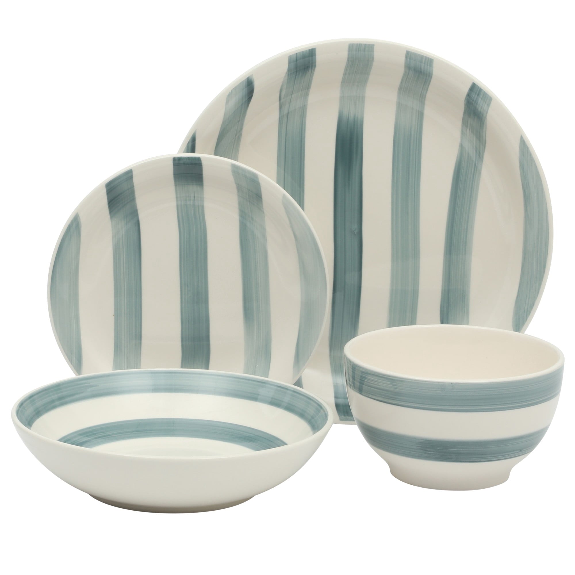 Gibson Home Kenwood Shores 16 Piece Stoneware Dinnerware Set, Hand-Painted Plates and Bowls, Service for 4 - Blue Striped