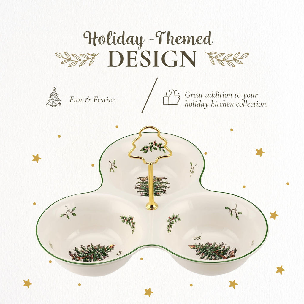 Spode Christmas Tree 3 Section Server with Tree Handle - Divided Serving Tray for Nuts, Candies, Condiments, Holiday Treats - Festive Earthenware Tableware for Seasonal Entertaining & Hosting