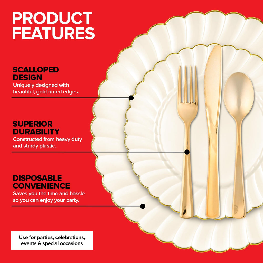 Stock Your Home 125 Pack Ivory and Gold Scalloped Plastic Dinnerware Set, 25 Place Settings with Plates, Forks, Spoons and Knives, Heavy Duty Gold Rimmed Set for Holiday Dinners and Parties