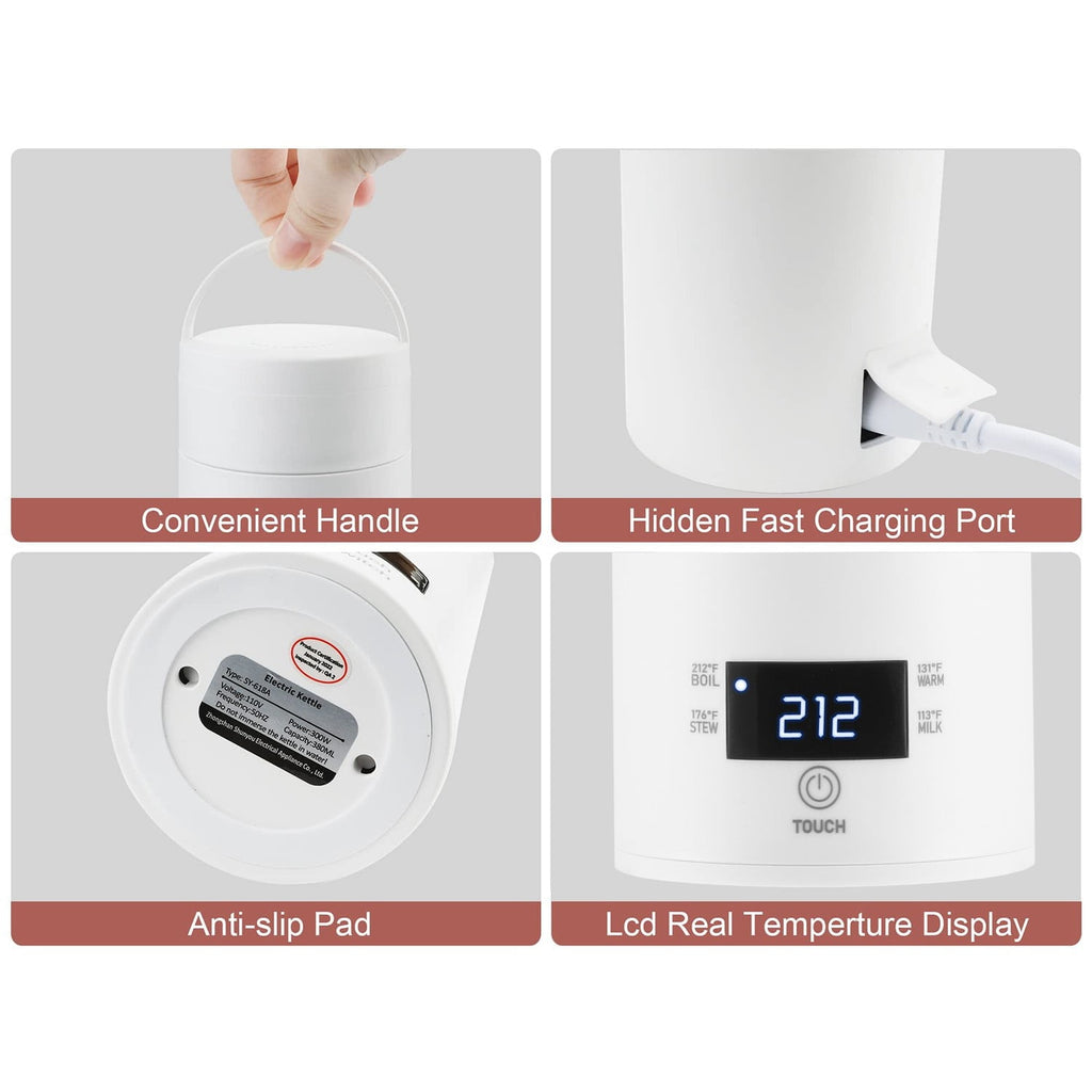 Smart Travel Kettle Electric Small Stainless Steel Portable Digital Electric Kettle for Boiling Water 380ml Travel Tea Kettle Portable Water Boiler, White