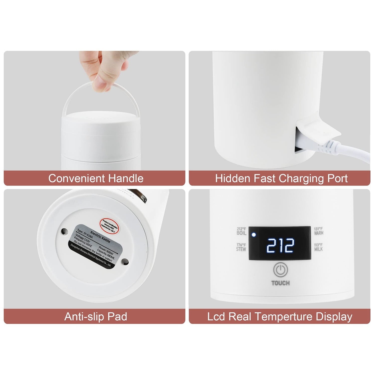Smart Travel Kettle Electric Small Stainless Steel Portable Digital Electric Kettle for Boiling Water 380ml Travel Tea Kettle Portable Water Boiler, White