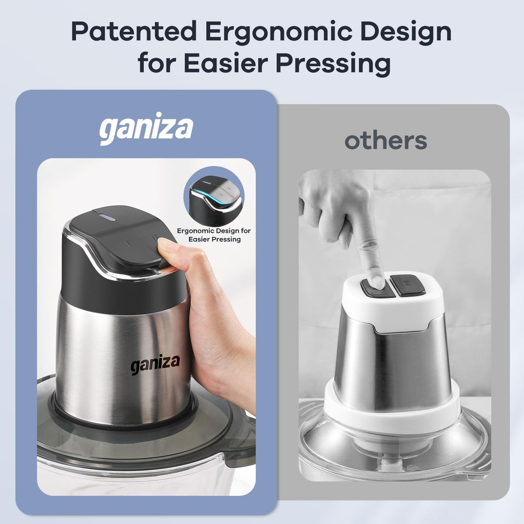 Ganiza Food Processor, 2-Speed Food Chopper Meat Grinder with 2 Bowls, Upgraded Button & Smart Overheat Protection Light - Clean Brush, 2 Blades