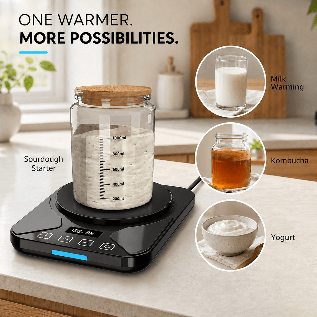 Sourdough Starter Warmer Mat - 24H Timer - Precise 1°F Thermostat Control (70-100°F) - Smart Memory Warming On/Off - Fits Jars Up to 40oz - Perfect for Home Baking (Black)