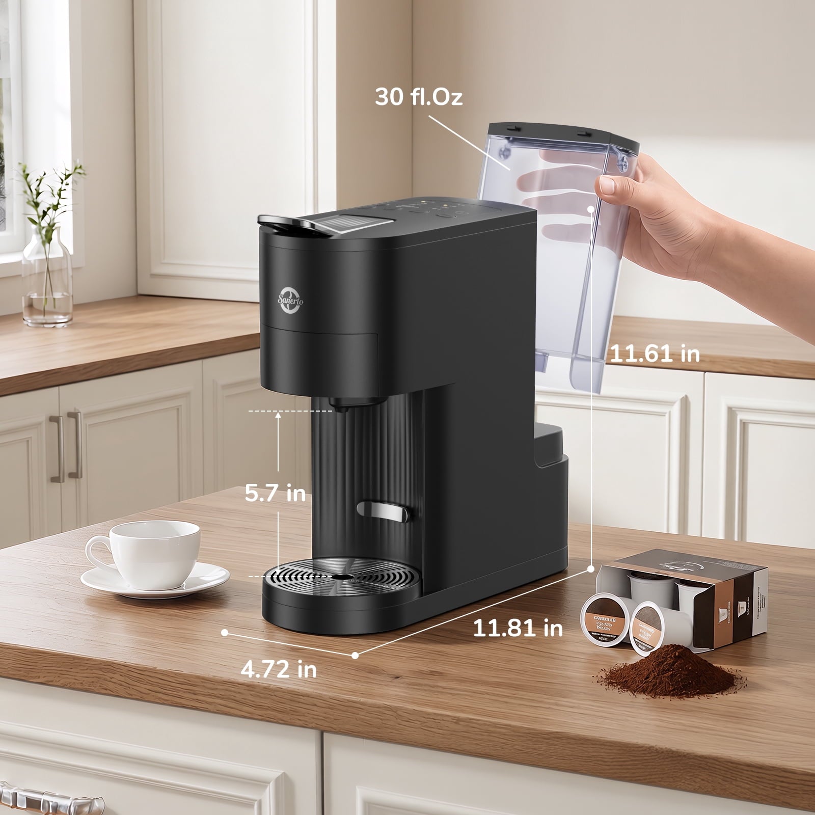 Sanerto Single Serve Coffee Maker Compatible with K Cup Capsules & Grounds,6-12oz Cup Size,1000W 120V, Black