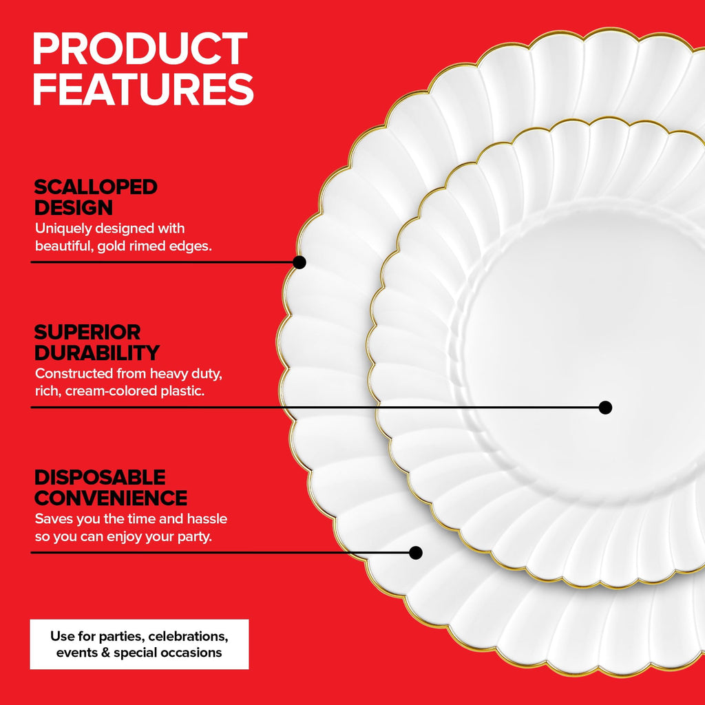 60 Pack – Elegant Ivory & Gold Scalloped Plastic Plates – Heavy-Duty Disposable Cream Plates with Gold Rim for Thanksgiving, Holidays, Dinners & Parties