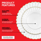60 Pack – Elegant Ivory & Gold Scalloped Plastic Plates – Heavy-Duty Disposable Cream Plates with Gold Rim for Thanksgiving, Holidays, Dinners & Parties