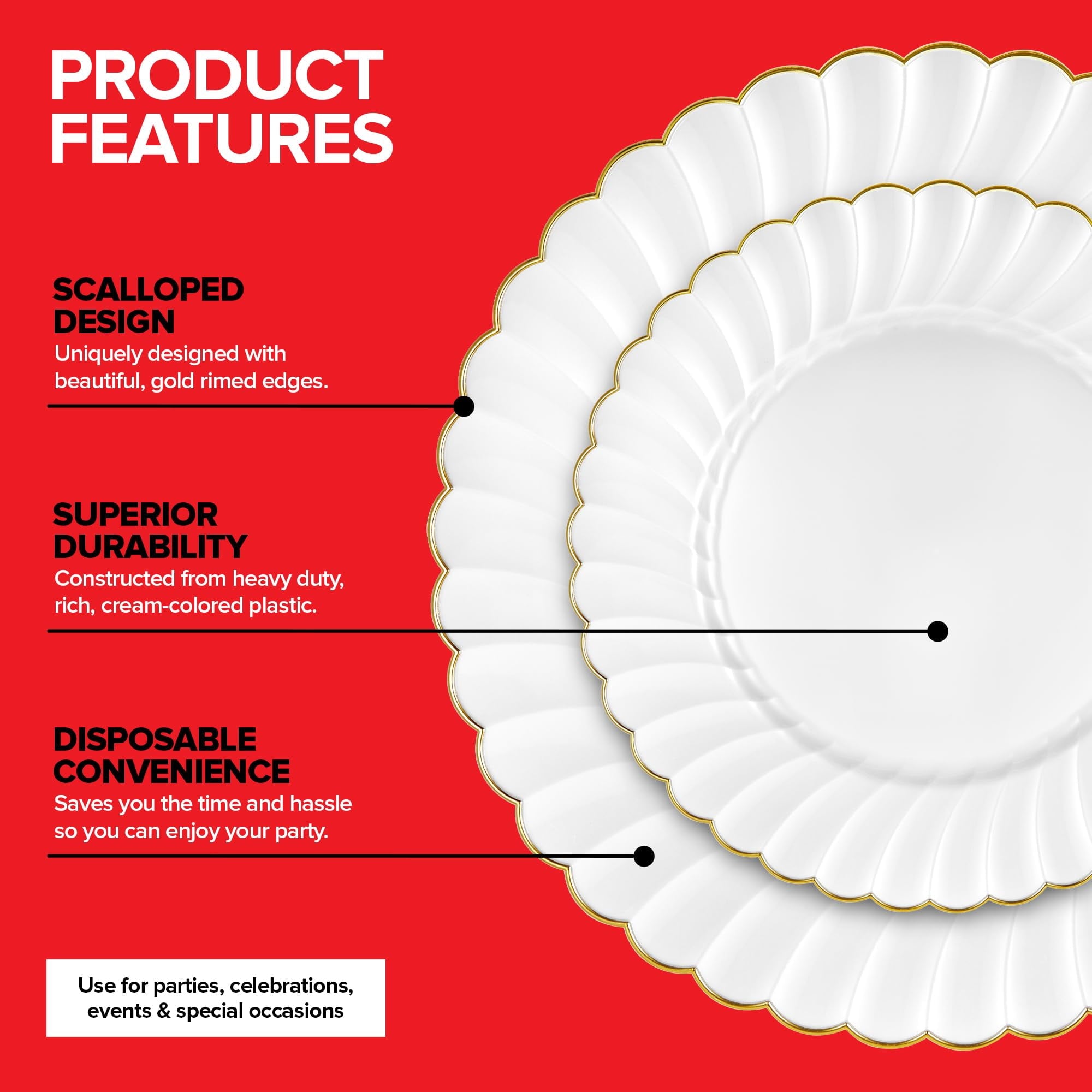 60 Pack – Elegant Ivory & Gold Scalloped Plastic Plates – Heavy-Duty Disposable Cream Plates with Gold Rim for Thanksgiving, Holidays, Dinners & Parties