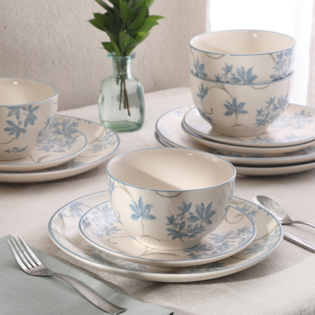 Gibson Home Admiral Hall 12-Piece Matte Stoneware Dinnerware Set – Dinner Plates, Salad Plates & Bowls with Blue Floral Pattern, Durable Everyday Dish Set, Microwave & Dishwasher Safe