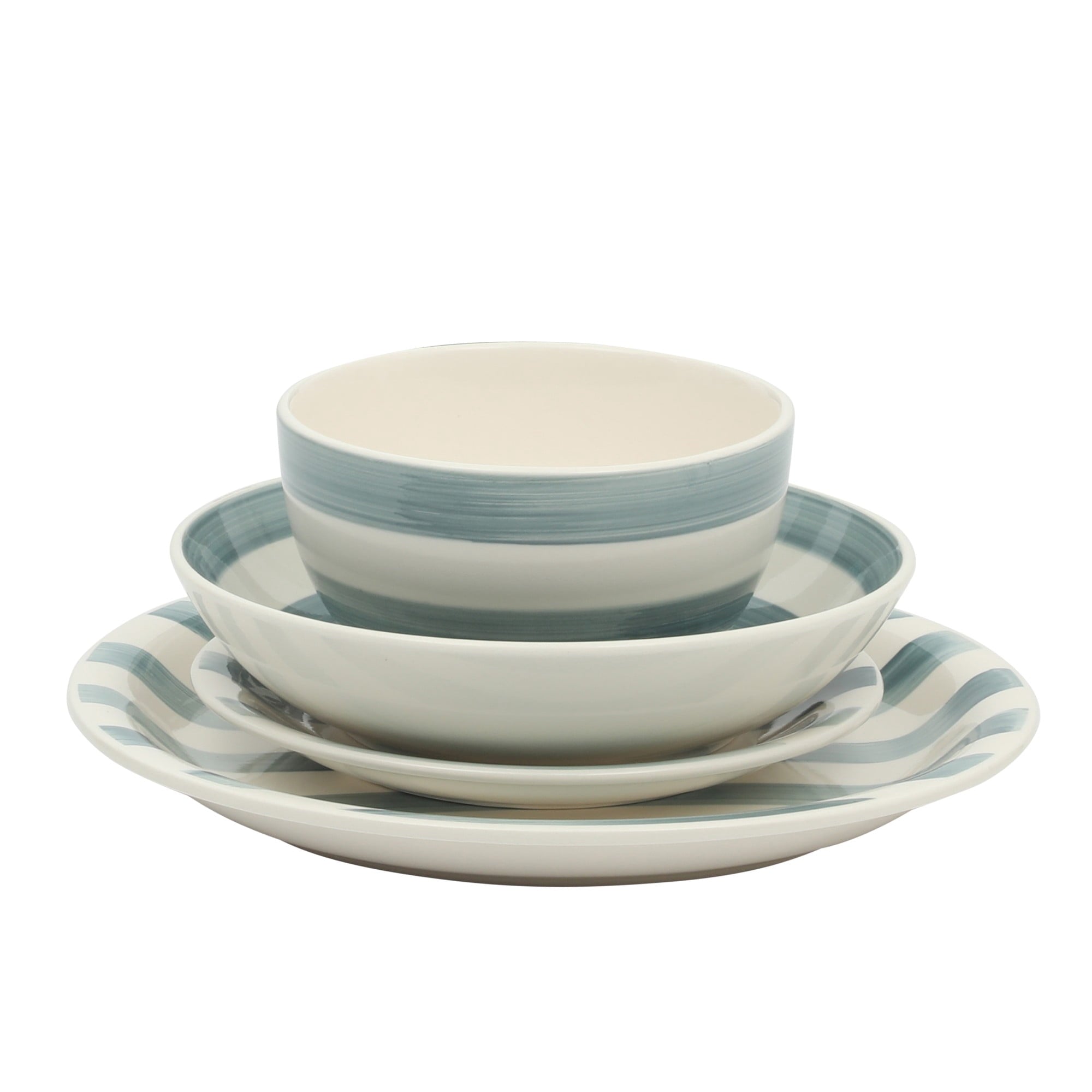 Gibson Home Kenwood Shores 16 Piece Stoneware Dinnerware Set, Hand-Painted Plates and Bowls, Service for 4 - Blue Striped