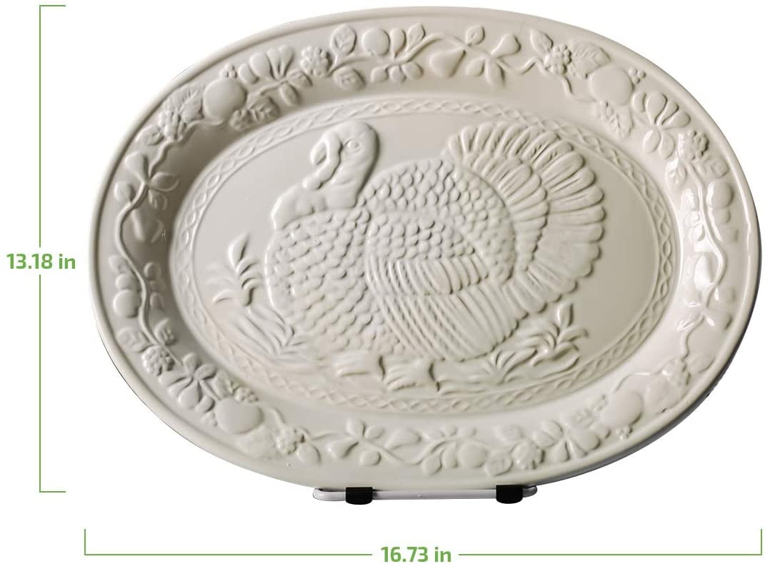 OVENTE Ceramic Oval Turkey Platter, White P4565W | Holiday Serving Plate for Thanksgiving & Christmas Dinner, Fall Table Centerpiece Tray for Entertaining, Easy-Clean