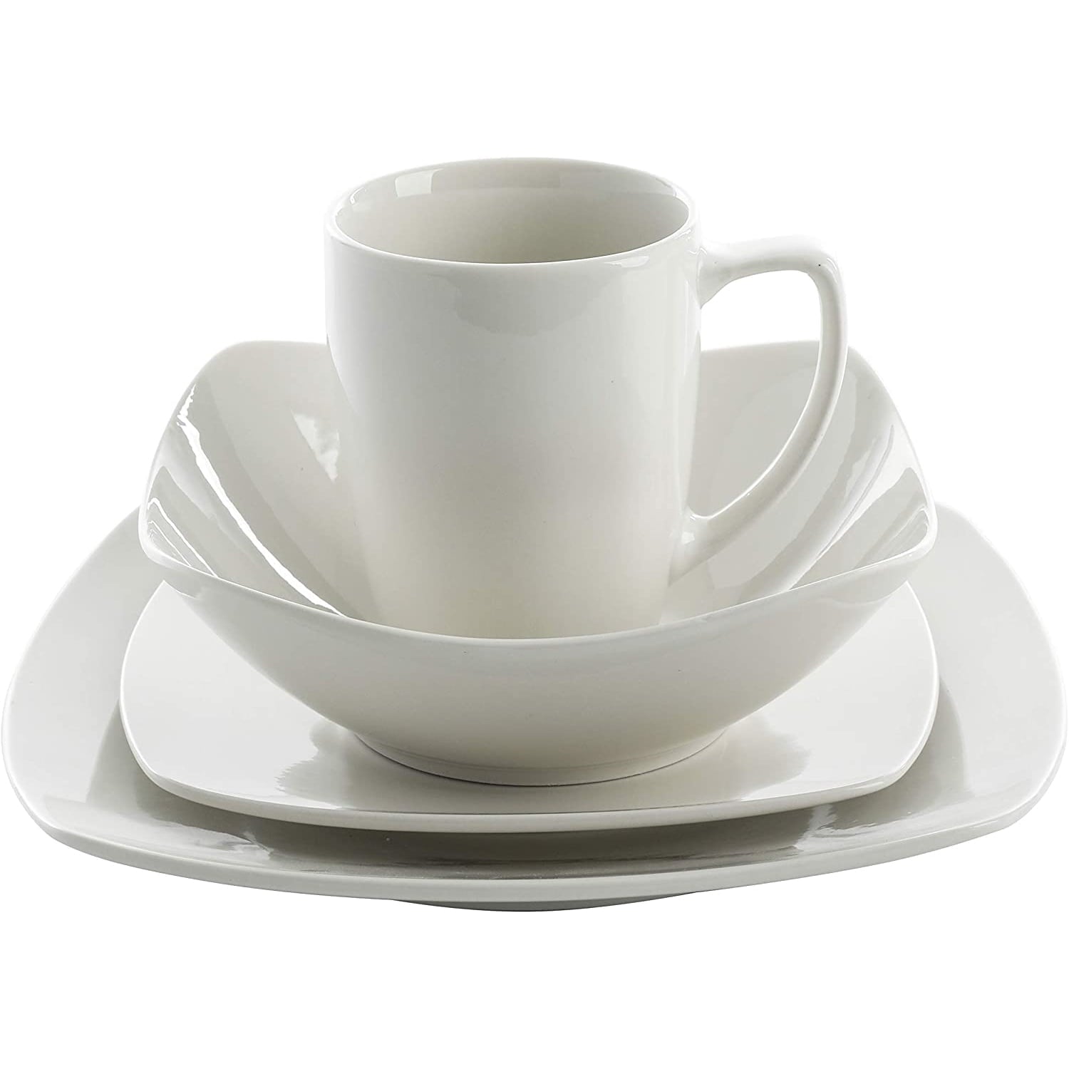 Gibson Home Zen Buffet 16-Piece Porcelain Dinnerware Set, Square Plates & Bowls, Service for 4, White