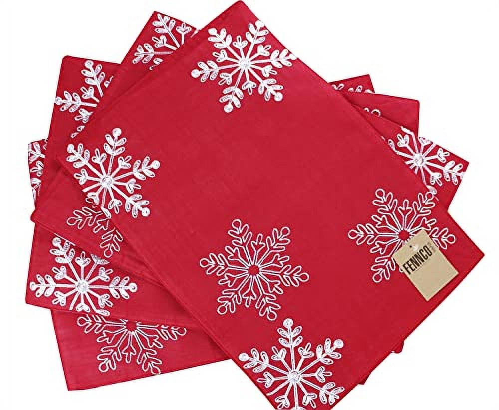 Fennco Styles Holiday Embroidered Snowflake Placemats 13" W x 19" L, Set of 4 - Red Festive Table Mats for Home Décor, Banquet, Family Gathering, Christmas and Special Occasion